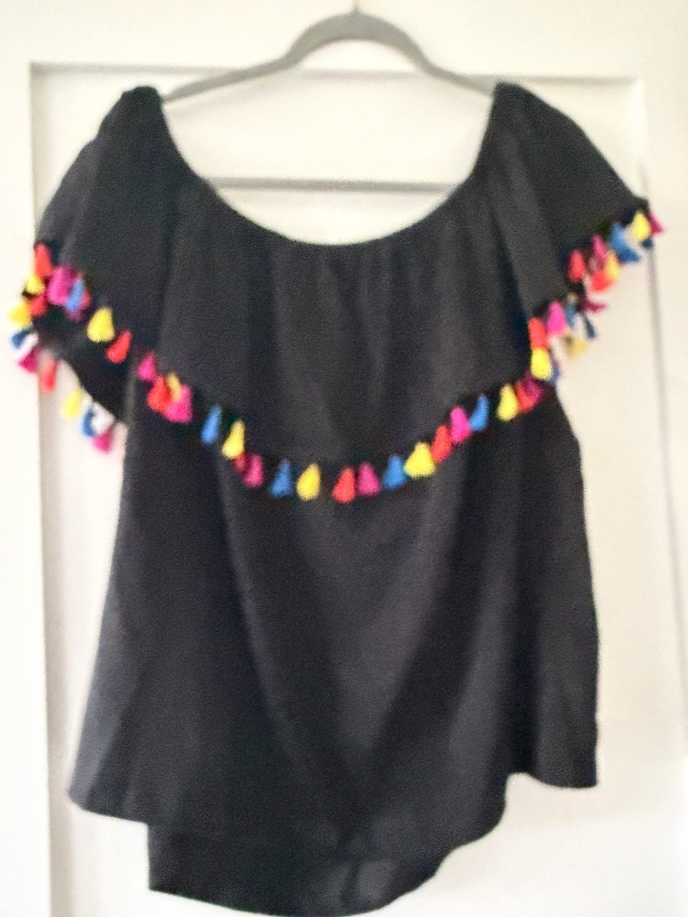 INC International Concepts Black Off the Shoulder Top with Colorful Fringe